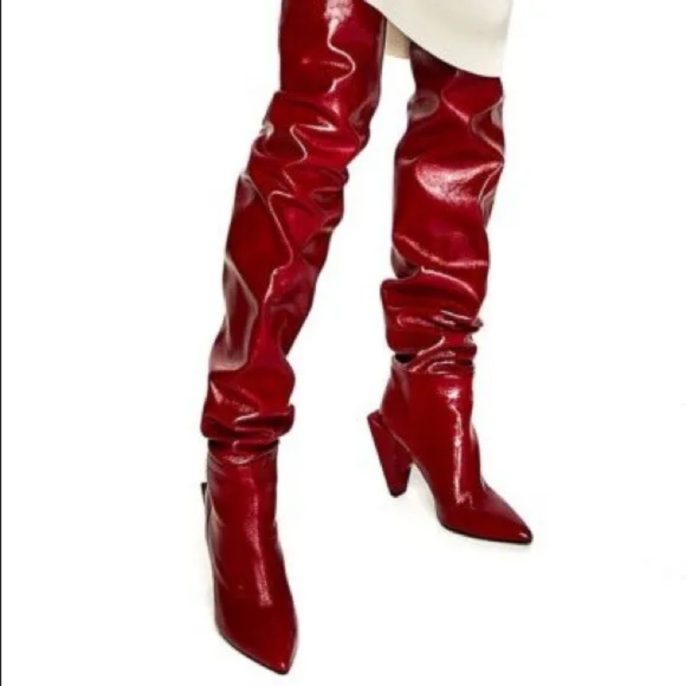 ZARA AW17 PATENT LEATHER HIGH HEEL BOOTS RED BURGUNDY